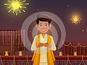 Happy Diwali Poster or Card Design with Cute Young Man Character Holding Diya (Oil Lamp) and Standing