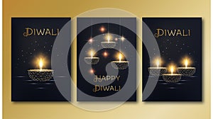 Happy diwali posters template set with golden glowing low poly oil lamp diya on black background.