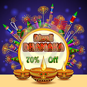 Happy Diwali promotion background with colorful firecracker and diya