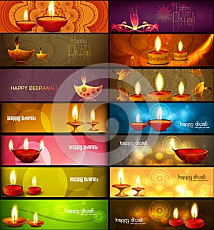Happy diwali stylish bright colorful collection headers set