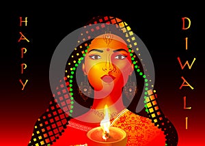 Happy Diwali. Traditional Indian Festival Background of Indian ethnic woman dancer with Burning Lamp,  illustration