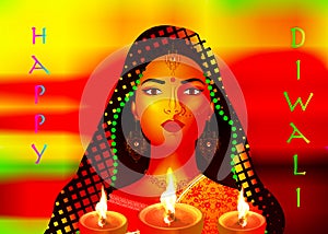 Happy Diwali. Traditional Indian Festival Background of Indian ethnic woman dancer with Burning Lamp,  illustration