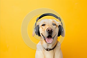 Happy DJ dog Labrador Retriever in headphones listens to music on yellow background with space for text