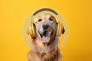 Happy DJ dog Labrador Retriever in headphones listens to music on yellow background with space for text