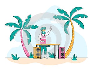 Happy Dj Male Character in Pink Shirt and Sunglasses on Head Playing and Mixing Music at Beach Disco Party