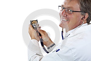 Happy doctor checks harddisk with stethoscope