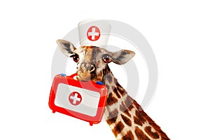 Happy doctor giraffe hold medical kit in mouse