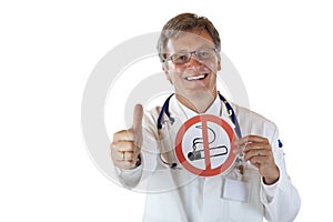 Happy doctor holds smoking ban sign and thumb up