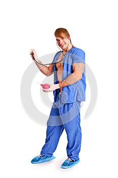 Happy doctor with stethoscope and enema