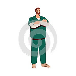 Happy doctor surgeon in scrubs. Medic, healthcare clinic worker, medical practitioner in hospital uniform, standing and