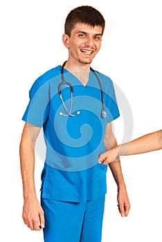 Happy doctor taking bribe