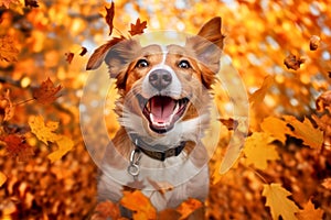 Happy Dog in the autumn park.