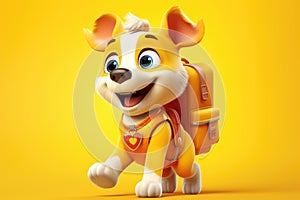 Happy dog with backpack, cartoon style. Back to school theme. Puppy on yellow background illustration. AI Generated