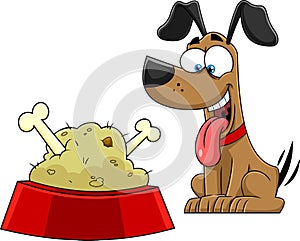 Happy Dog Cartoon Character With Bowl Food And Bones