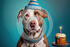 a happy dog in casual clothes celebrating his birthday, created with Generative AI technology