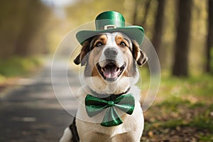 Happy dog celebrating St. Patrick's Day. A young dog in a leprechaun hat. St. Patrick's Day theme concept