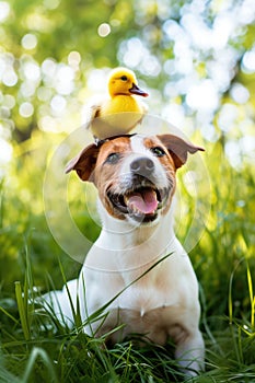 Happy dog with a duckling on its head in a sunny meadow - concept of harmony and friendship.