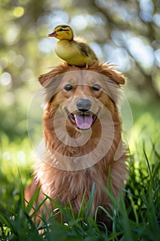 Happy dog with a duckling on its head in a sunny park - concept of nature harmony and friendship.