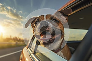 Happy Dog Enjoying Car Ride at Sunset