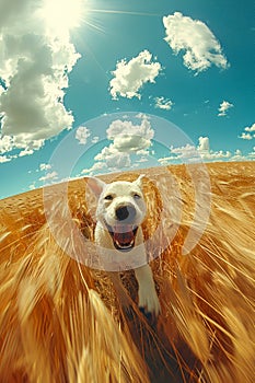 Happy Dog Enjoying Sunshine Amidst Golden Wheat Field Under Beautiful Blue Sky with Fluffy Clouds