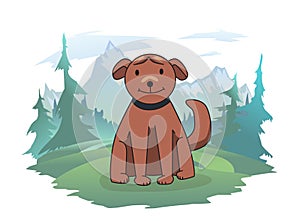 A happy dog on a forest lawn. Mountain landscape in the background. Vector illustration, isolated on white.