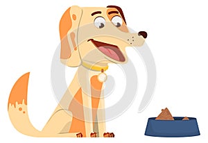 Happy dog with full pet food bowl. Cartoon animal character
