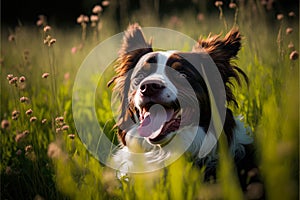 Happy dog in the grass, generative ai