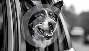 happy dog with head out of the car window having fun photo