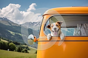Happy dog with head out of the window in vintage camper car driving on scenic summer landscape. Generative AI