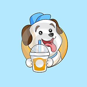 Happy dog holding fresh delicious drink cup animal mascot cartoon vector illustration