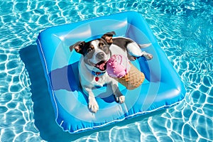 Happy dog on holiday in the pool. Cute dog swimming on a mattress in the pool