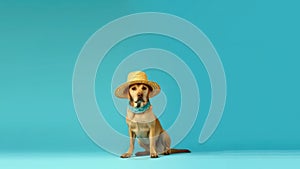 A Happy Dog Labrador Retriever In A Hat Beachwear Sky Blue Background. Generative AI