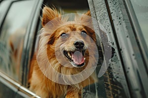 A happy dog leans out of a car window, enjoying the breeze on a sunny day