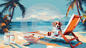 A happy dog lies on a sun lounger on the seashore while on vacation. Vacation time, rest and relaxation concept.