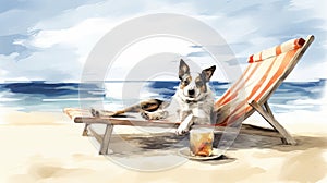 A happy dog lies on a sun lounger on the seashore while on vacation. Vacation time, rest and relaxation concept.