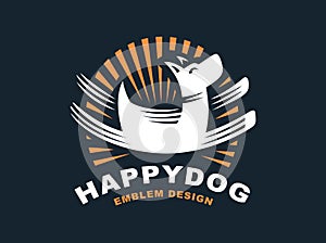 Happy dog logo - vector illustration, emblem on dark background