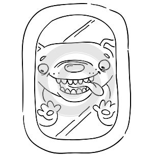 A happy dog, looking through the airplane window tongue out. Isolated vector illustration