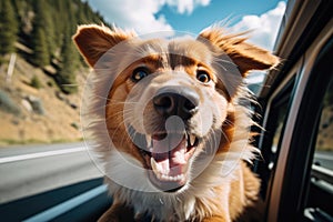 Happy dog looking out of car window