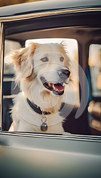 Happy dog looking out of a car window.