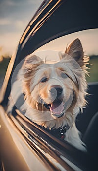 Happy dog looking out of a car window.