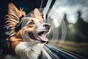 Happy dog looking out of a car window, ai generative illustration