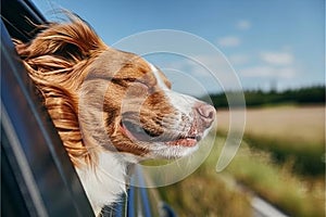 Happy dog looking out of car window, Cute dog enjoying road trip at sunny summer day