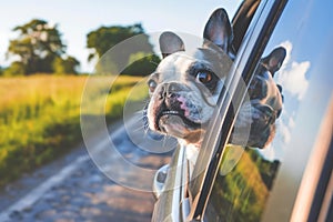 Happy dog looking out of car window, Cute dog enjoying road trip at sunny summer day