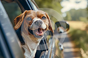 Happy dog looking out of car window, Cute dog enjoying road trip at sunny summer day