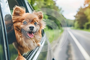 Happy dog looking out of car window, Cute dog enjoying road trip at sunny summer day