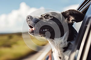 Happy dog looking out of car window, Cute dog enjoying road trip at sunny summer day