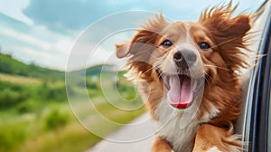 A happy dog looks out of a car window on a family trip. AI Generative