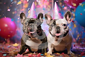 Happy dog with paty hat and balloons. Party, birthday, celebration concept. photo