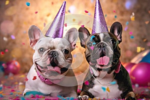 Happy dog with paty hat and balloons. Party, birthday, celebration concept. photo