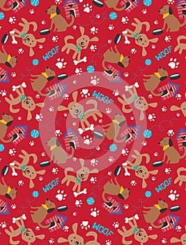 Happy Dog playing ball with friends pattern